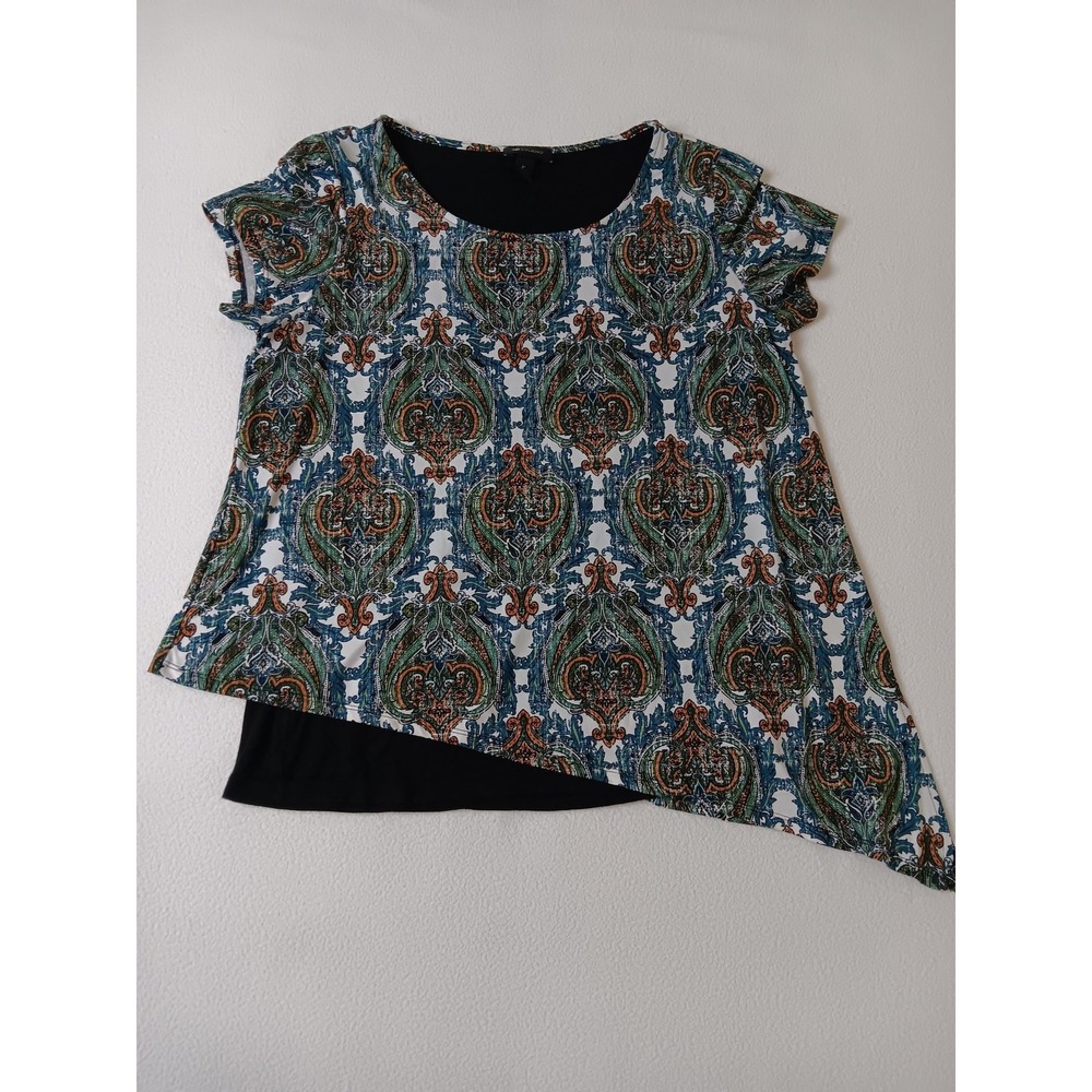 AB Studio Womens XL Paisley Medallion Asymmetrical Layered Short Sleeve Top Blue